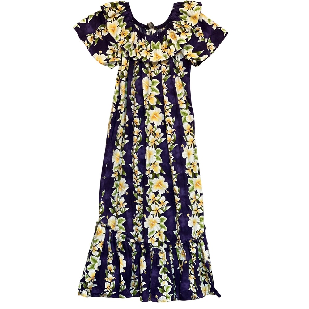 Vintage Royal Creations Sm Hawaiian Maxi Dress w/ Ruffle/Pockets Purple/Yellow‎